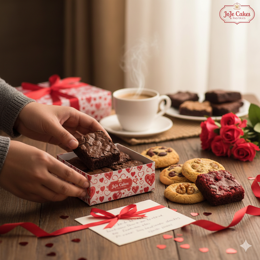 A cozy Valentine's Day setting featuring a homemade brownie box and assorted artisan cookies from JoJe Cakes & Pastries, the best brownies in Coimbatore, paired with red roses and a warm cup of coffee.